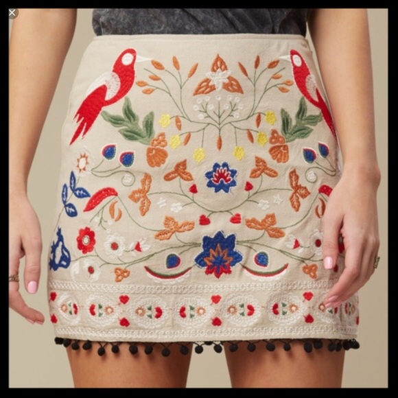 Altar'd State Dresses & Skirts - Altar’d State Woodland Embroidered Pom Pom Skirt